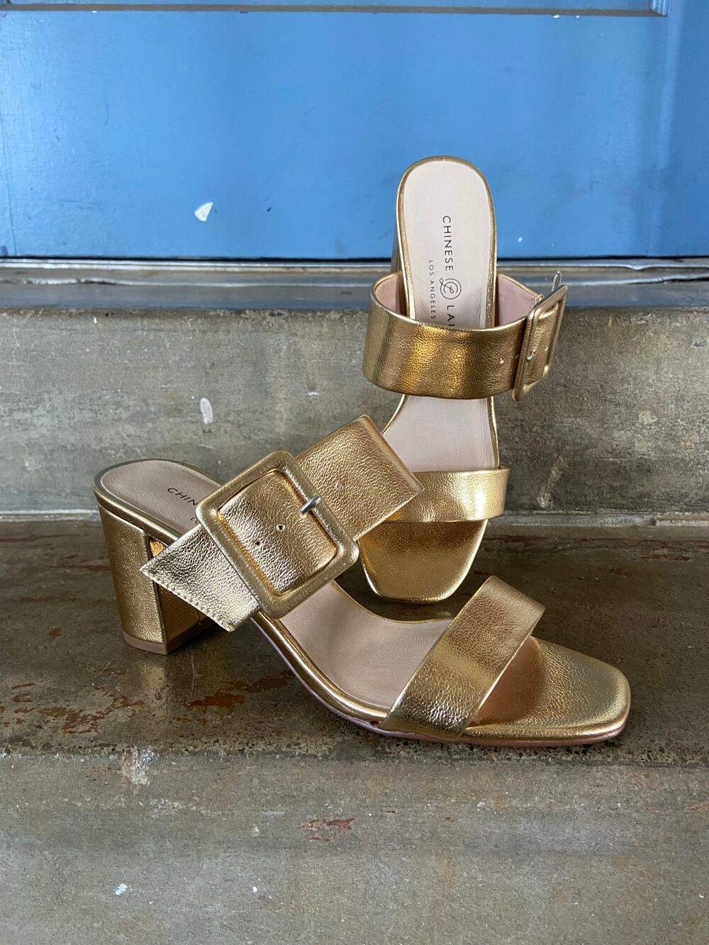 Chinese Laundry metallic gold 2 strap block heel slide sandals w/ buckle detail